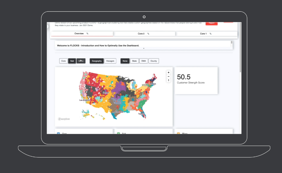 Screenshot of analytics dashboard showing intelligent consumer behavior analysis and geographic intelligence tools